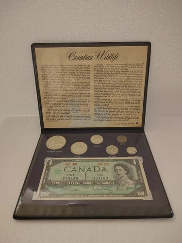 Canadian Wildlife 1967 Silver UNC Coins & 1 Dollar Bill Set, Canada Currency