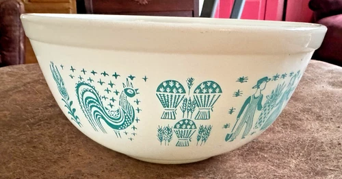 Great Vintage Pyrex Amish Butterprint Bowl Turquoise on White 2-1/2 Quart #403