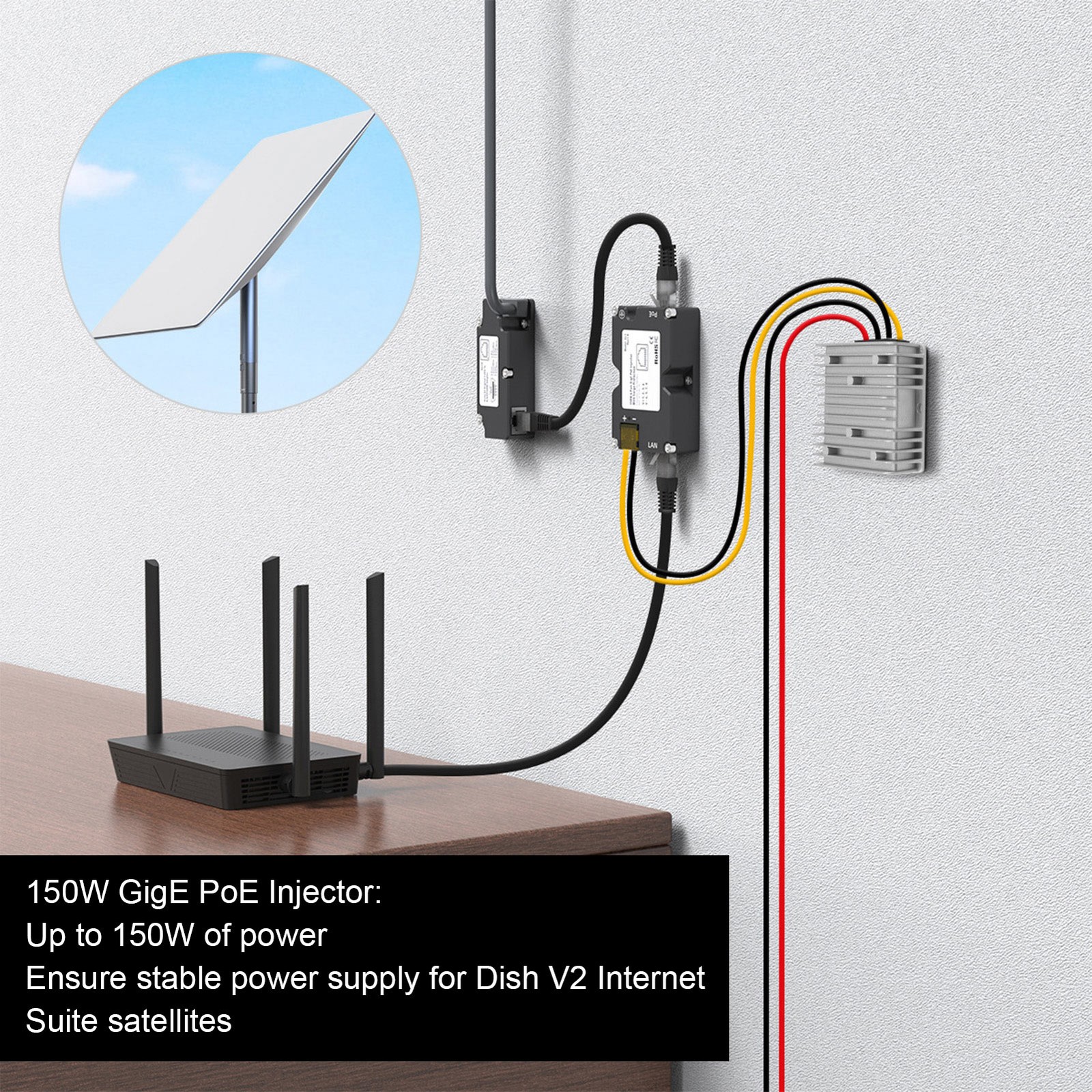 150W PoE Injector Disk Cable Adapter To RJ45 DC Boost Converter 12V To 48V Kit