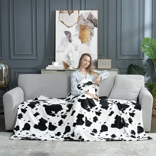 Cow Print Throw Blanket Non Shedding MilkyPlush™ Fleece 330GSM Thick Blankets...