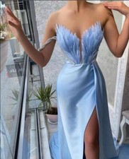 Women's Pretty Satin Feather Strapless Slit Hip Package Evening Prom Dress SUNS