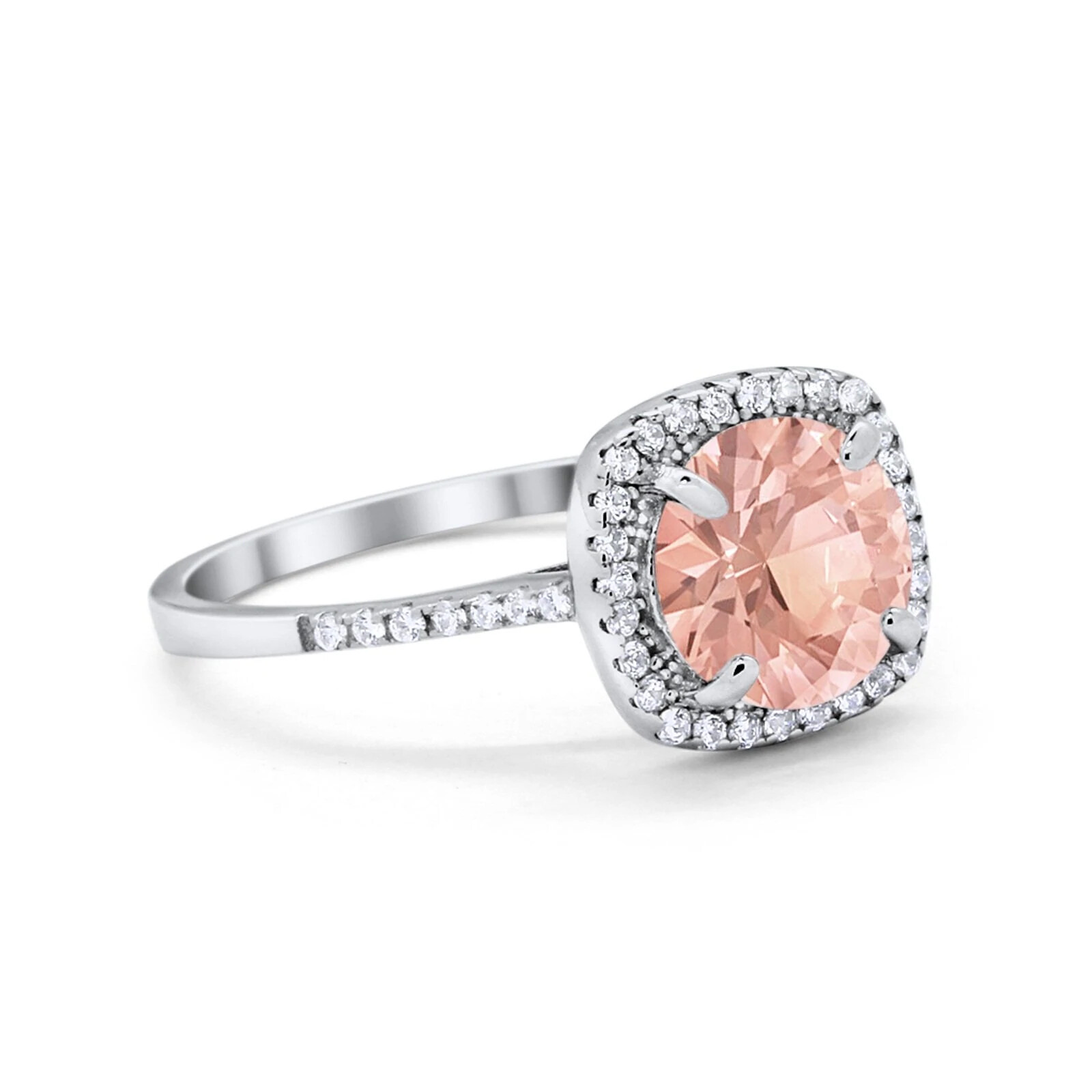 Halo Engagement Ring Round Simulated Morganite CZ 925 Sterling Silver ...