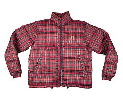 Vintage Tommy Hilfiger Tartan Plaid Puffer Jacket Down Feather Red Full Zip Sz S