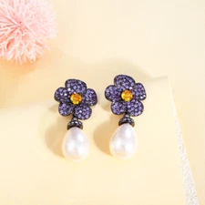 Black Gold Plated CZ Pave Purple Bridal Costume Flower Pearl Dangle Drop Earring