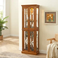 Lighted Wooden Curio Display Cabinet w/Glass Doors and Adjustable Glass Shelves