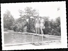 Antique Vintage Photograph Shirtless Man & Woman in Bathing Suit on Diving Board