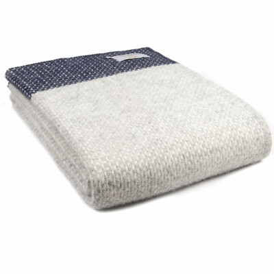 TWEEDMILL 100% Reine Schurwolle Decke Teppich KREUZGEWEBE GRAU CREME & MARINEBLAU ÜBERWURF