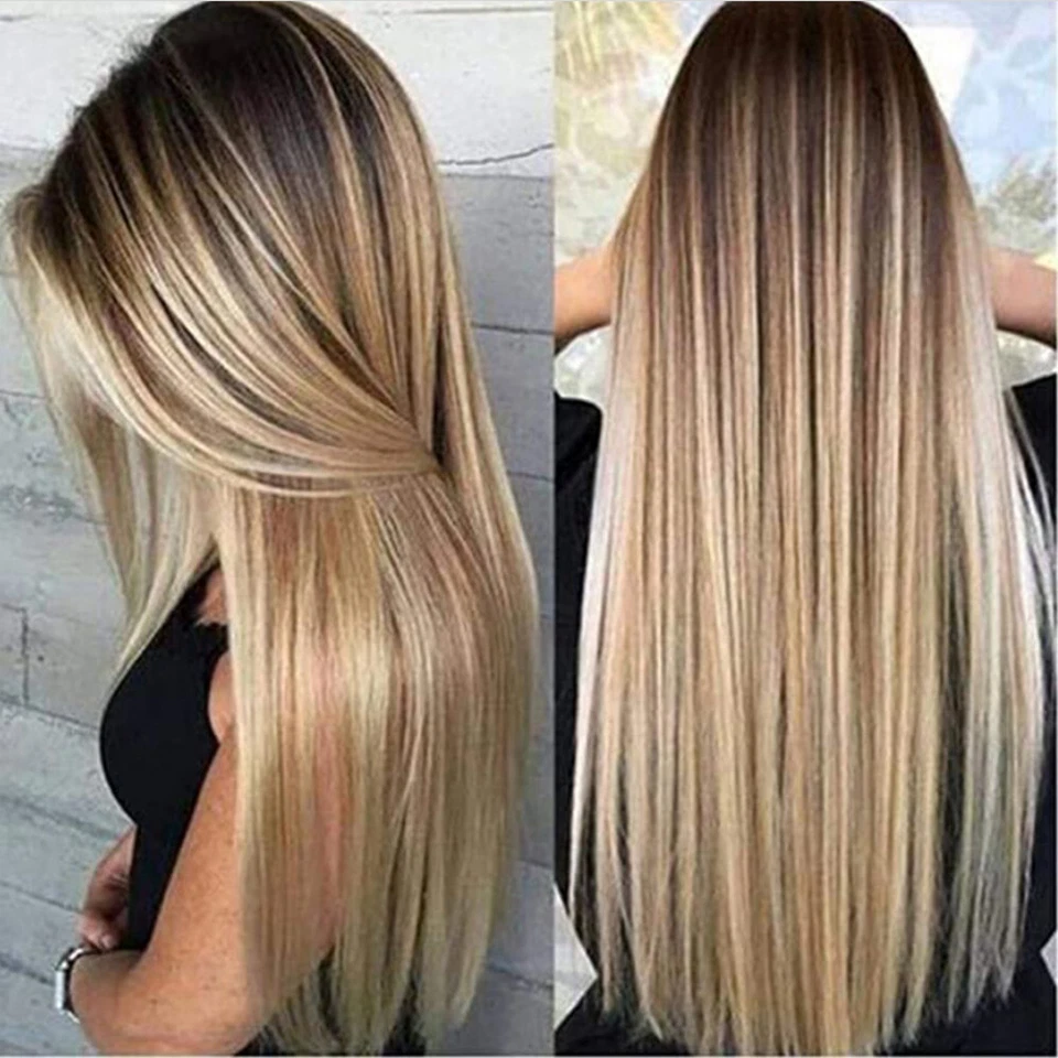 Pelucas completas de pelo largo liso real rubio ombre para mujeres damas cosplay natural Foto 3 de 4