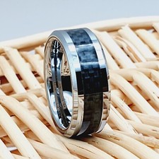Silver Tungsten Ring for Men Comfortable Black Black Carbon Fiber Inlay Band