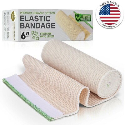 6'' Wide Organic Cotton Elastic Bandage Wrap With Hook & Loop Fasteners USA Made