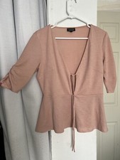 Topshop Women Top Size 8 Medium Pink Deep V Plunge Tie Keyhole Peplum Blouse