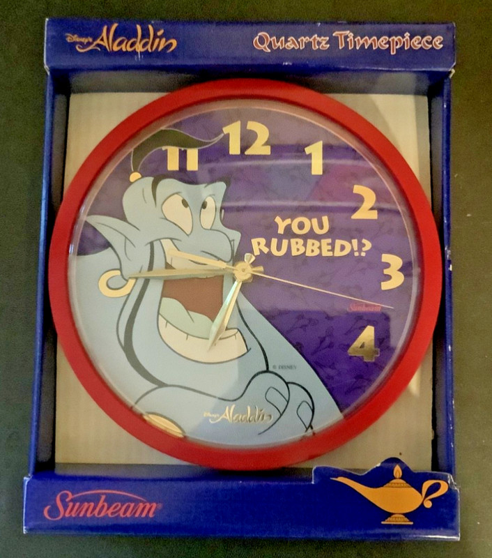 VTG Sunbeam Disney Aladdin Wall Clock "You Rubbed?" Blue Genie Wall Clock-P