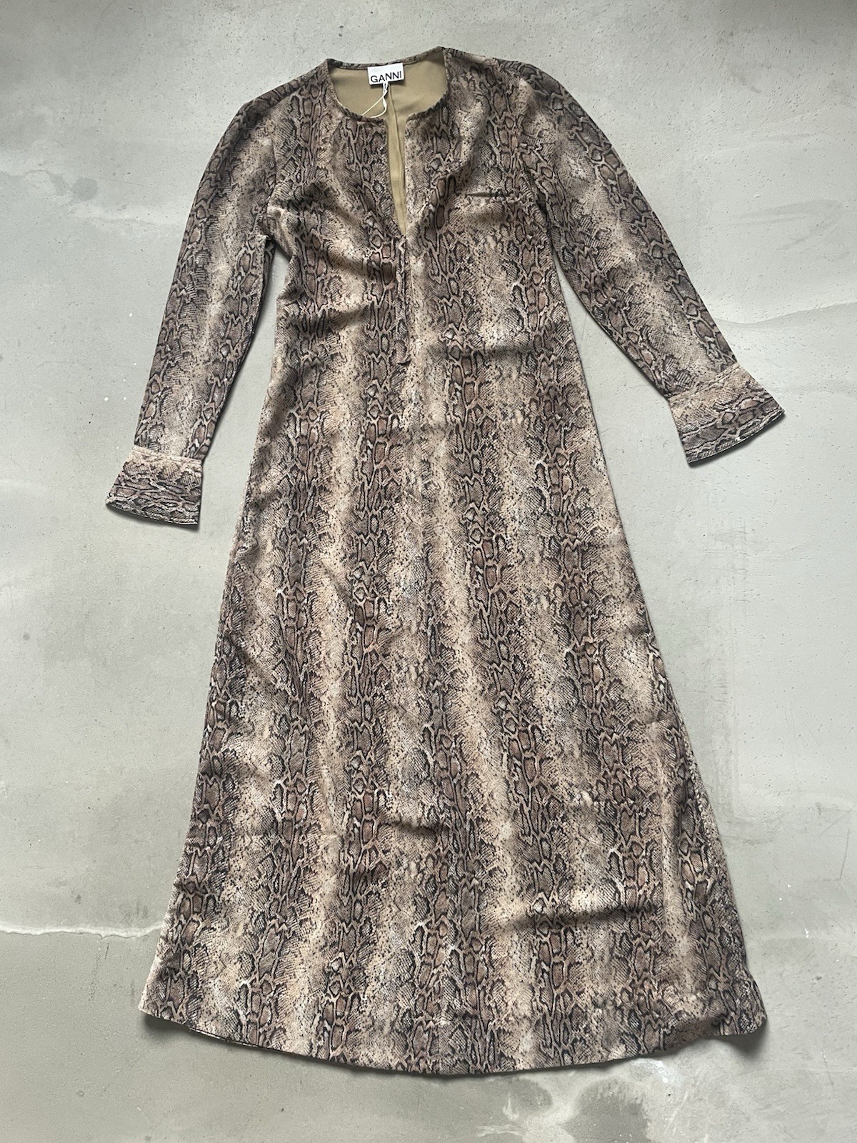 GANNI Snake Print Maxi Dress Size XS (32) Long Sleeve Zip Front Brown Lined NWT image 3