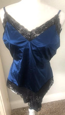 Vtg New AVIDLOVE Sz L Navy Royal Blue Satin 1 One PC Black Lace TEDDY Lingerie