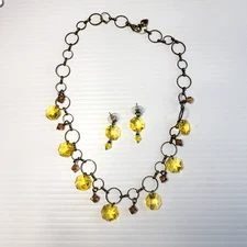 Sweet Romance Dangling Faceted Crystal Yellow Octagon Necklace Earrings Set 20"L