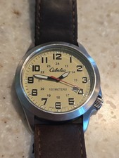 Cabela’s 42mm Silver Tone Quartz Date Watch w/Brown Leather Band & New Battery