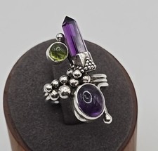 Vtg Sterling Silver 925 Biomorphic Amethyst Peridot Gemstone Ring - Size 6 3/4