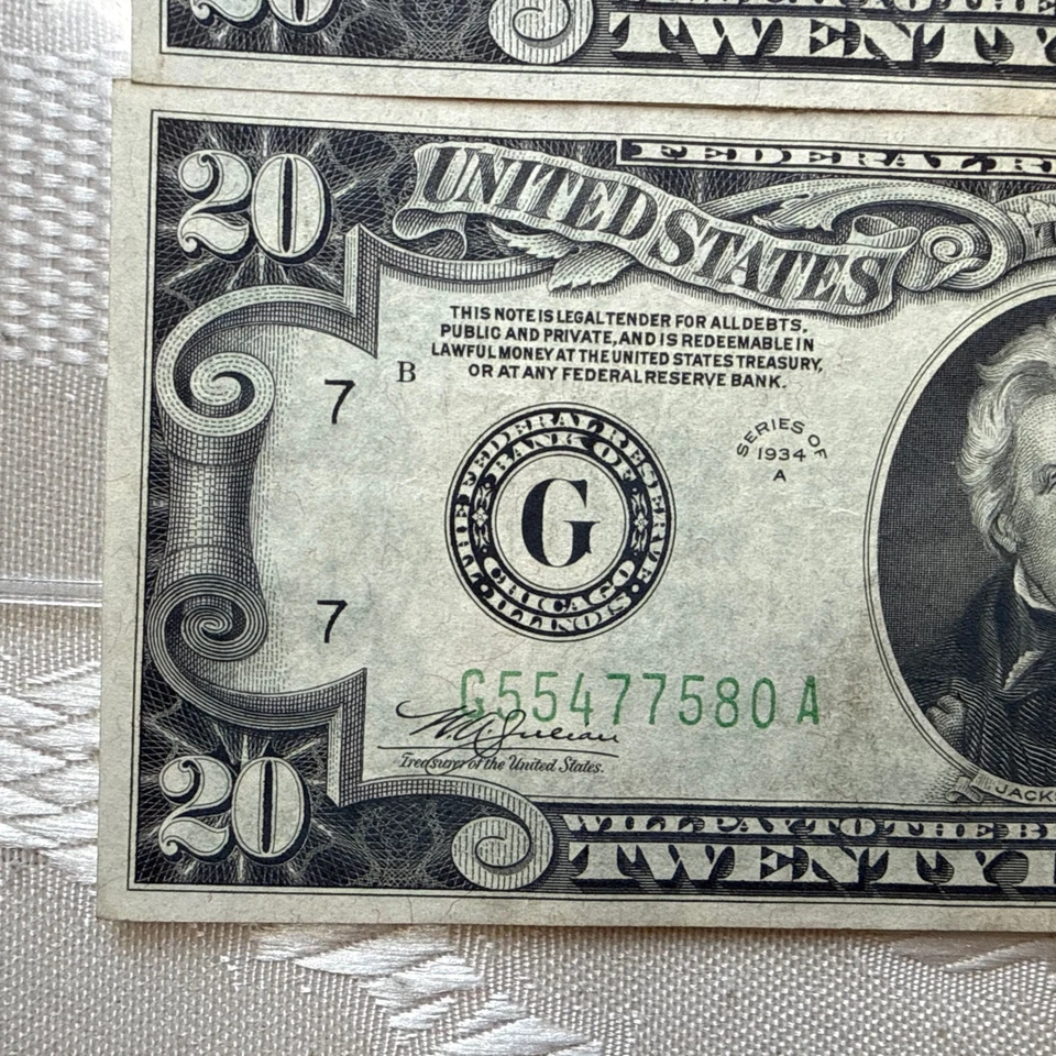 Two Consecutive Serial Number Uncirculated  $1934A $20 Twenty Dollar Bills - Image 2 of 4