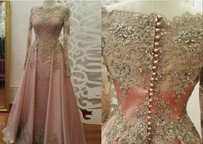 Gold Evening Dresses Elegant Long Sleeve Scoop Neck with Hollow Back Prom Gowns