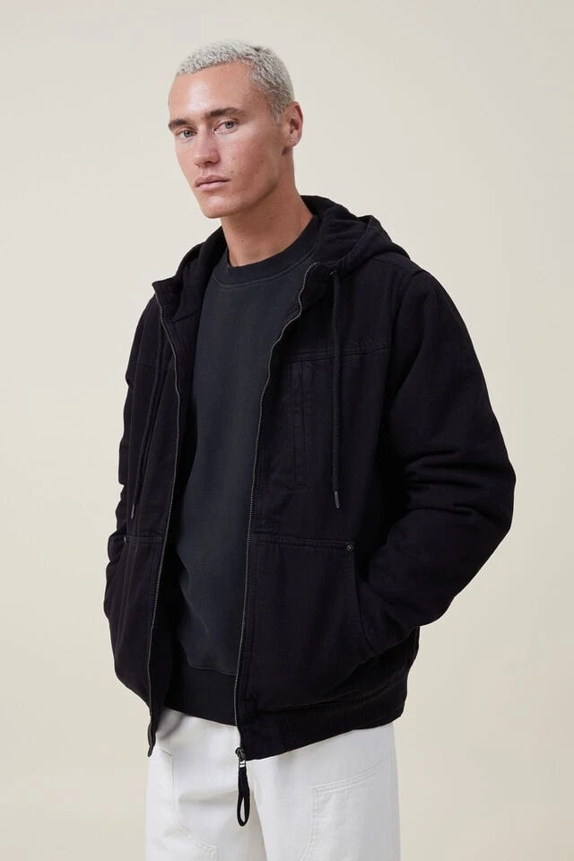 COTTON ON Men's Hooded Carpenter Jacket, Black, 2XL