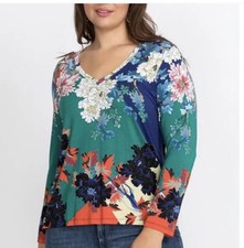 JOHNNY WAS Marritt Favorite Floral Tee V-Neck Bamboo Long Sleeve Top Size XL NEW