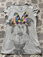 Disney Minnie Mouse Colorful Polka Dot Big Hair Bow Gray Shirt Juniors S 3/5 