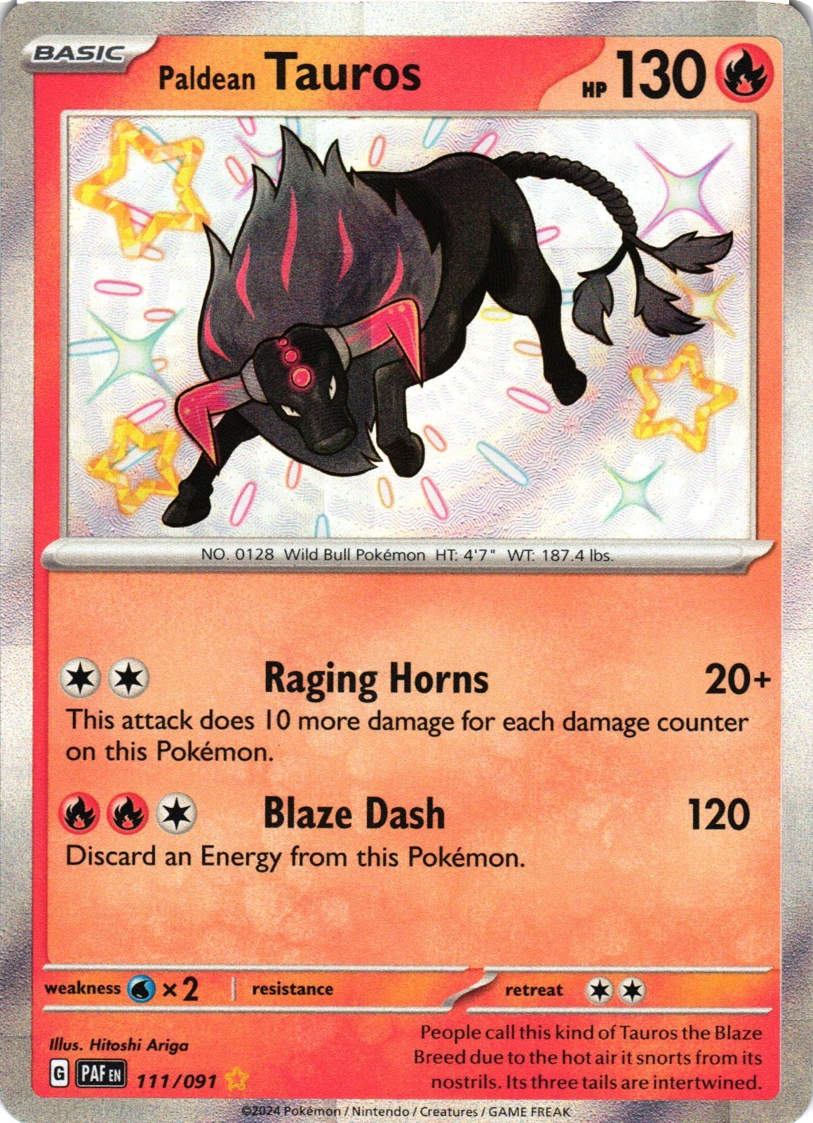 Pokémon TCG Paldean Tauros 111/091 Paldean Fates Shiny Holo Rare NM