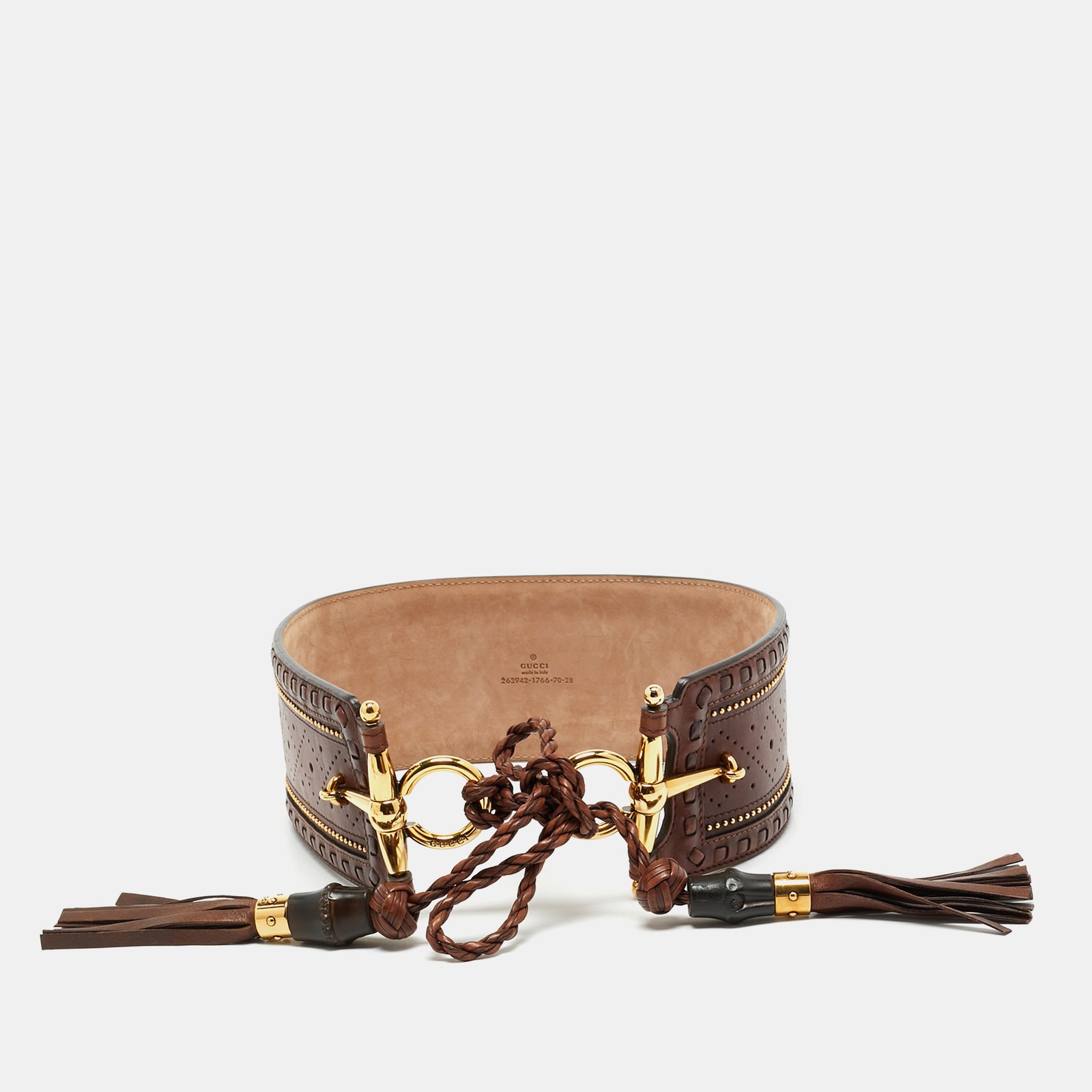 Gucci Embellished Brown Leather Tassel Waist Belt 70CM Wide Strap