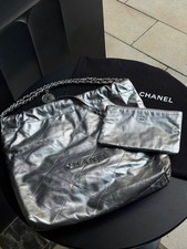 AUTH Chanel 22 Bag Silver Metallic Calfskin Leather Tote Shoulder Bag Silver HW