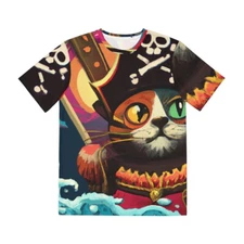 All Over Print Cat T Shirt Art Tee Pirate Feline Beach Ocean Summer Cool