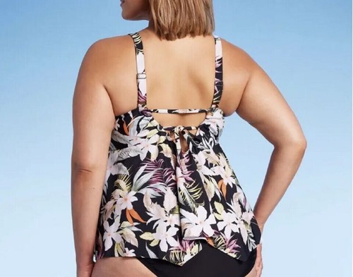NWT Kona Sol Tankini Size 3X (24/26) Black Tropical Floral V Neck Swimsuit Top - Afbeelding 3 van 5