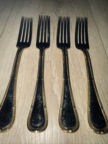 4 Dinner Forks Yamazaki Allegra GLOSSY Stainless Gold Accents - Picture 2 of 3
