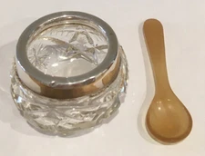 Vintage crystal Open Salt Cellar STERLING SILVER RIM + RARE HORN SPOON LOT OF 2
