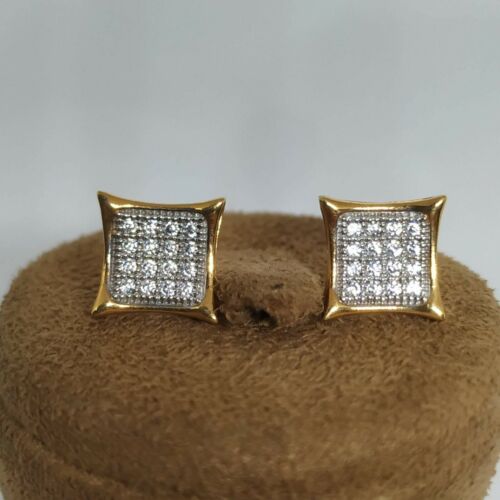 18K Yellow Gold Plated CZ Stud Kite Square Micropave Men's Earrings Father's Day - Picture 7 of 9