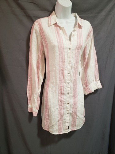 Linen White Pink Striped Button Down 