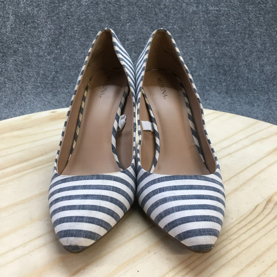 Zapatos de salón Merona para mujer 9 sin cordones azules informales tacones de aguja a rayas en punta Foto 4 de 4