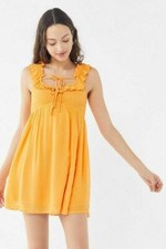 UO Josephine Gauze Babydoll Mini Dress Yellow Smocked Sleeveless Ruffle S NEW