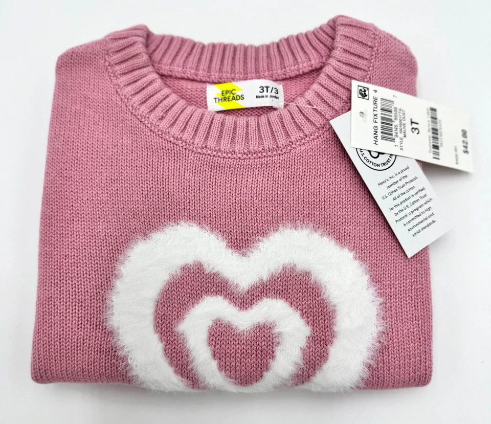Suéter Tejido Epic Threads Niñas Rosa Corazón Difuso Cuello Redondo Talla 2T Volantes Dobladillo Nuevo Foto 2 de 4