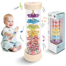 Wooden Baby Rattle Toys, Rain Stick Musical Toy Montessori Toys for Babies 6-12