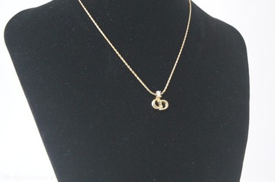 Christian Dior CD Logo Gold Tone Chain Necklace Rhinestone