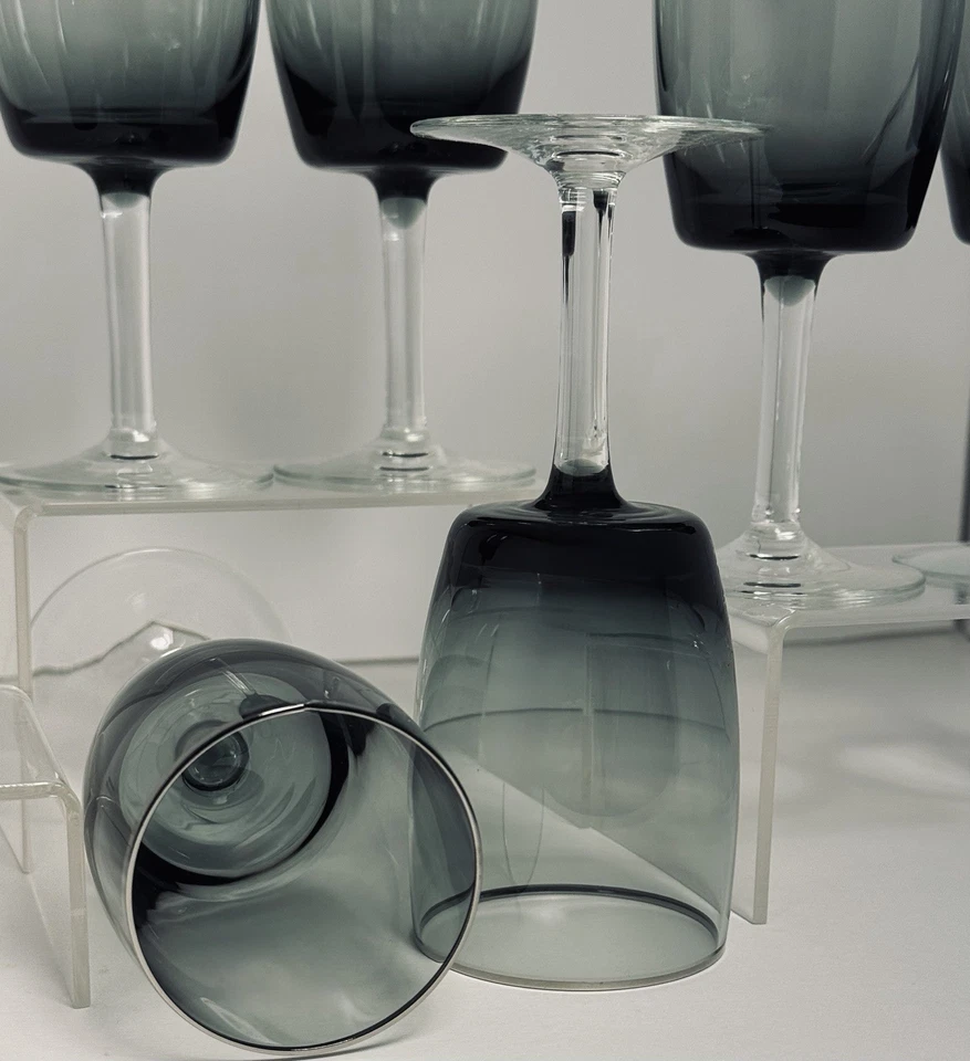 套装 7 Gorham Reizart 烟灰色手工吹制水晶酒杯银色边缘 20 世纪 70 年代 — 第 2/4 张图片