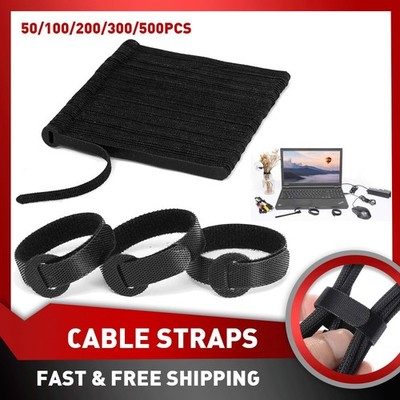50X Straps Cable Black Wire Cord Hook Loop Ties Reusable Fastening Organizer-Lot