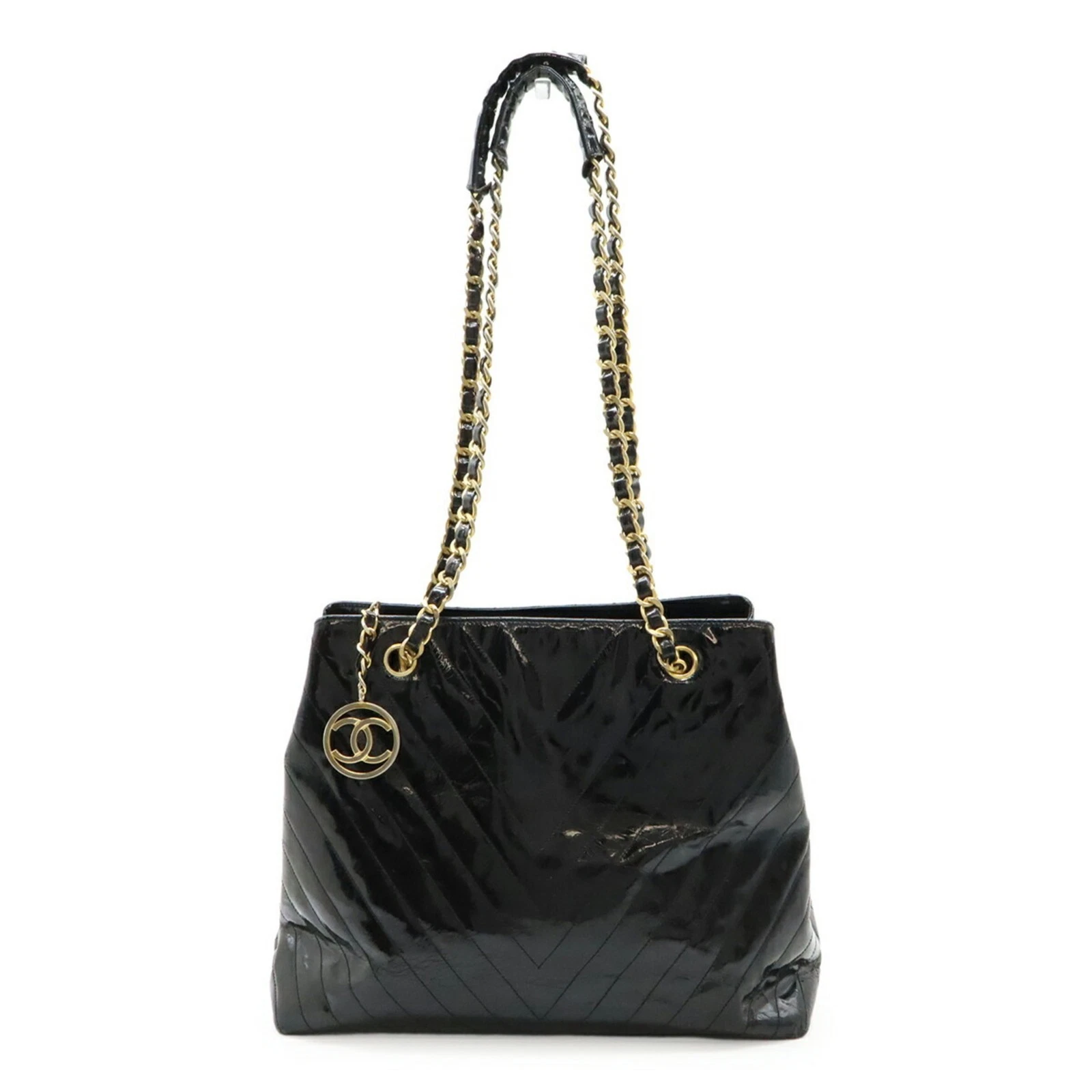 CHANEL V-stitch Coco Mark tote bag with chain shoulder strap in bl... GZl1an2n