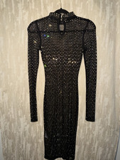 Hot & Delicious Black Bodycon Knee Dress S Long Sleeve Sheer Mesh Beaded Zip