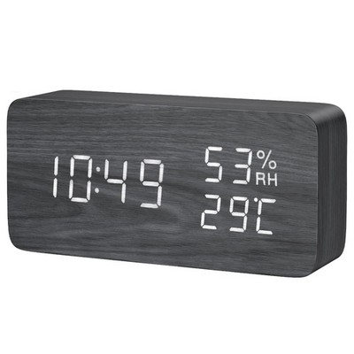 Digital Wooden Alarm Clock, Electronic LED Desktop Clock with Temperature Hum...