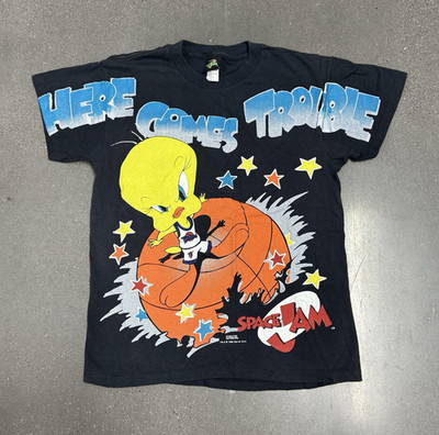 90s Vintage Space Jam FREEZE Tweety Here Comes Trouble Tee Black Womens  L