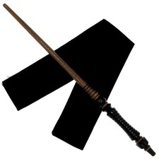 15" Hand Turned Black Rings Teak Wood Magic Wand Witch Wizard w/ Free Velvet Bag