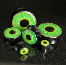 PAIR Green Eyeball Plugs Eye Ball Logo Double Flare Saddle Guages Gauges