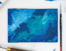 Original Miniature Abstract Acrylic Canvas Painting, Ocean Sea Fantasy Impasto