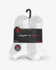 Layer 8 Men's Performance 15 Pack Quick Dry No Show Cushion White/Grey Socks.